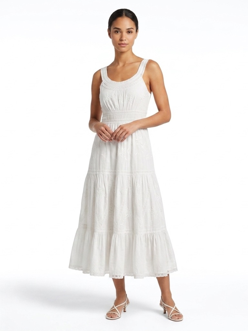Vintage Sue Wong White Cotton Embroidered Tiered Midi Dress, Size 0